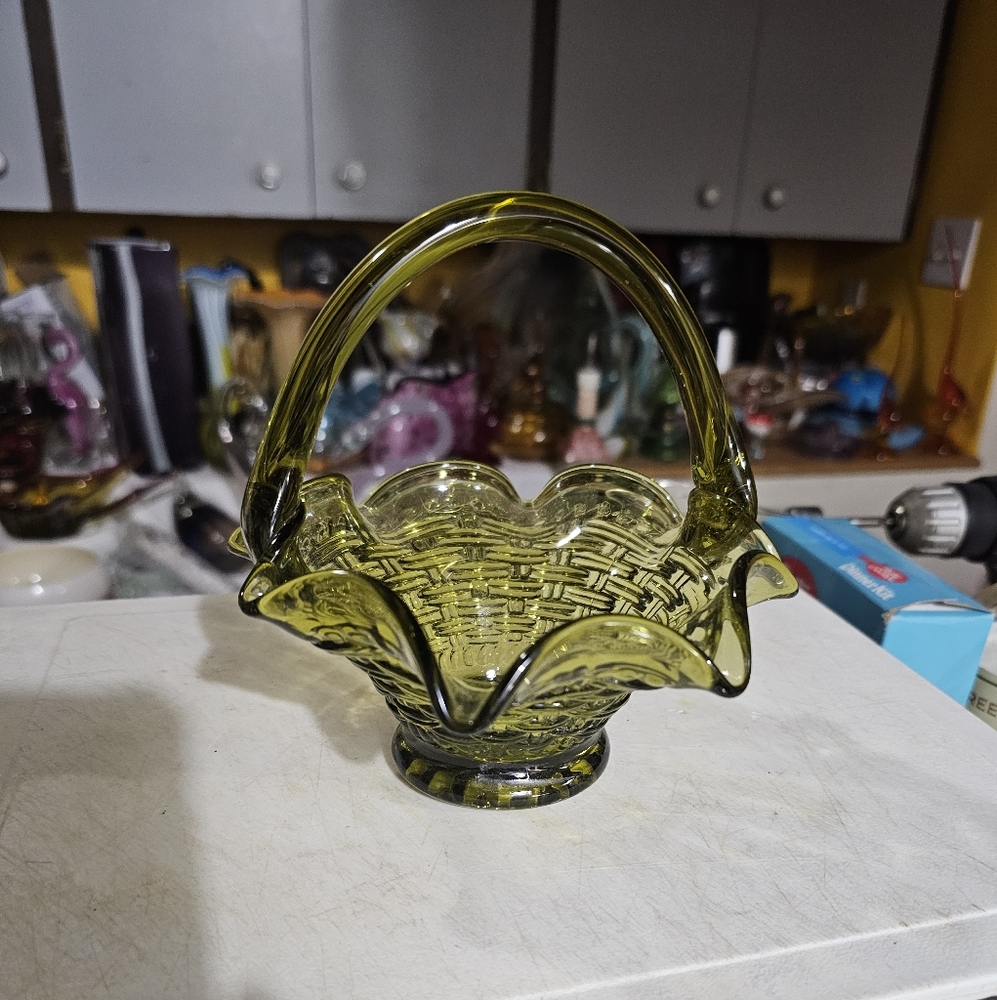 Vintage Olive Green Art Glass Woven Stamped Glass Basket with Applied Handles